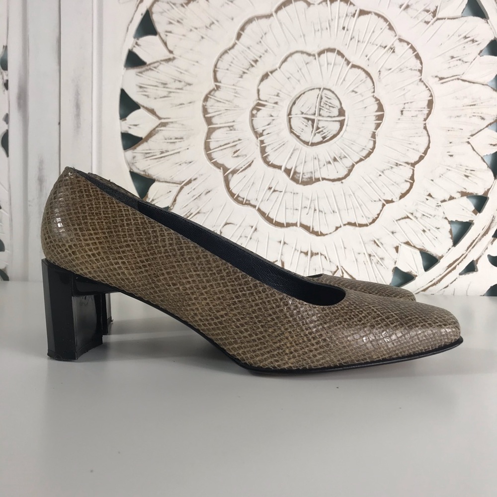 Stuart Weitzman Brown Snakeskin Block Heel Pumps - image 2